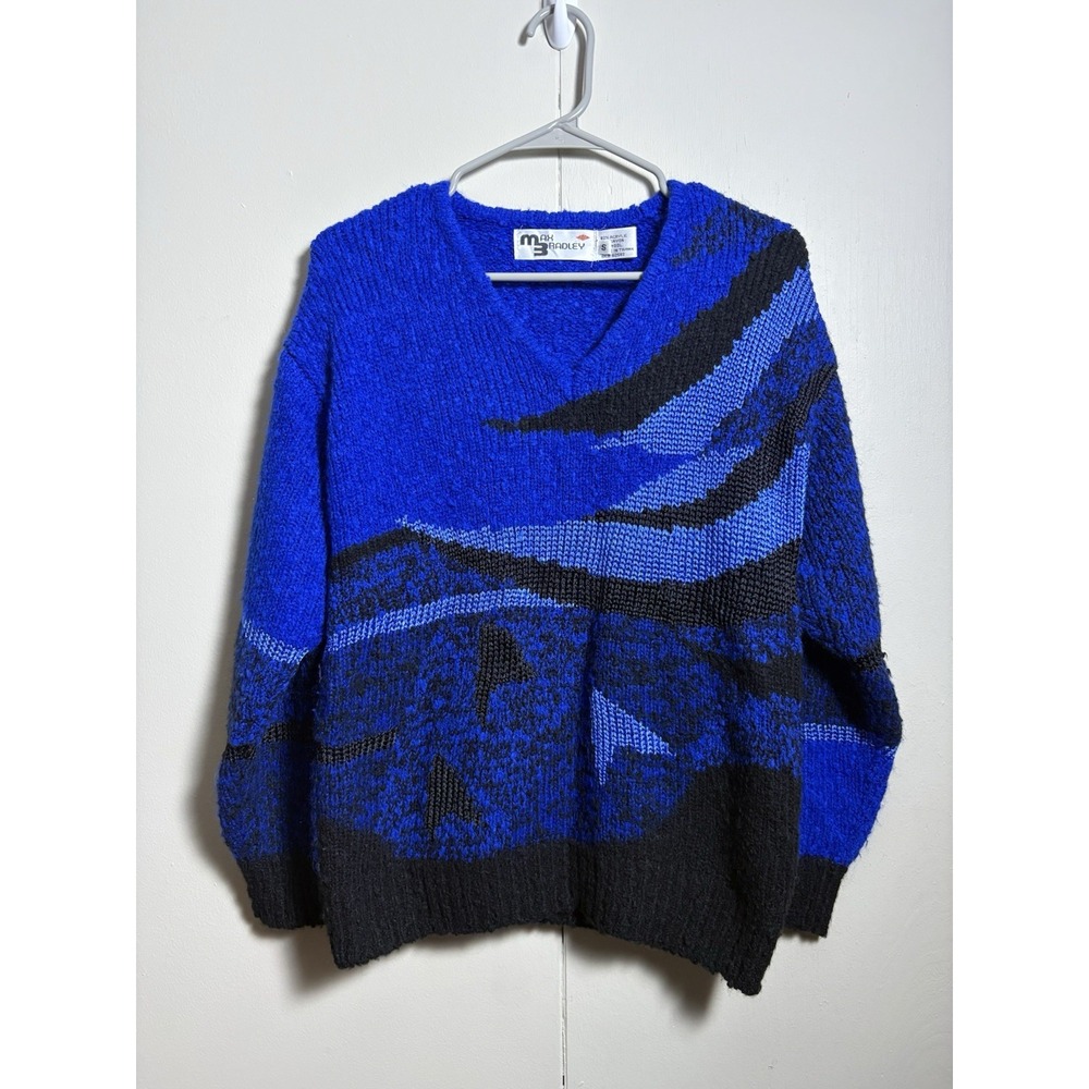 Max Bradley Sweater Womens Small Blue Black Abstract Knit Vtg‎ 80s 90s Cozy Bold
